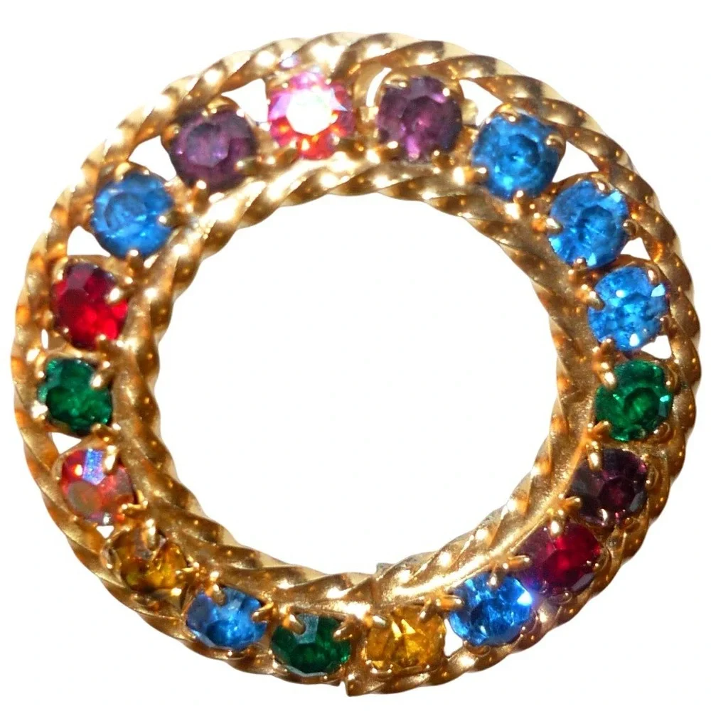 Vintage Mid Century Multi-Color Rhinestone Wreath Brooch Gold Tone AB Stone